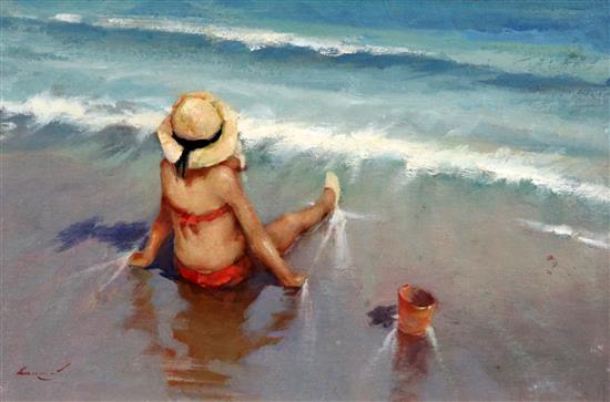 Ken Moroney (b.1949) Child on the seashore, 6.5 x 10in.